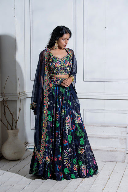 Pleated Skirt with Embroidered Bralette & Cutwork Shoulder Cape
