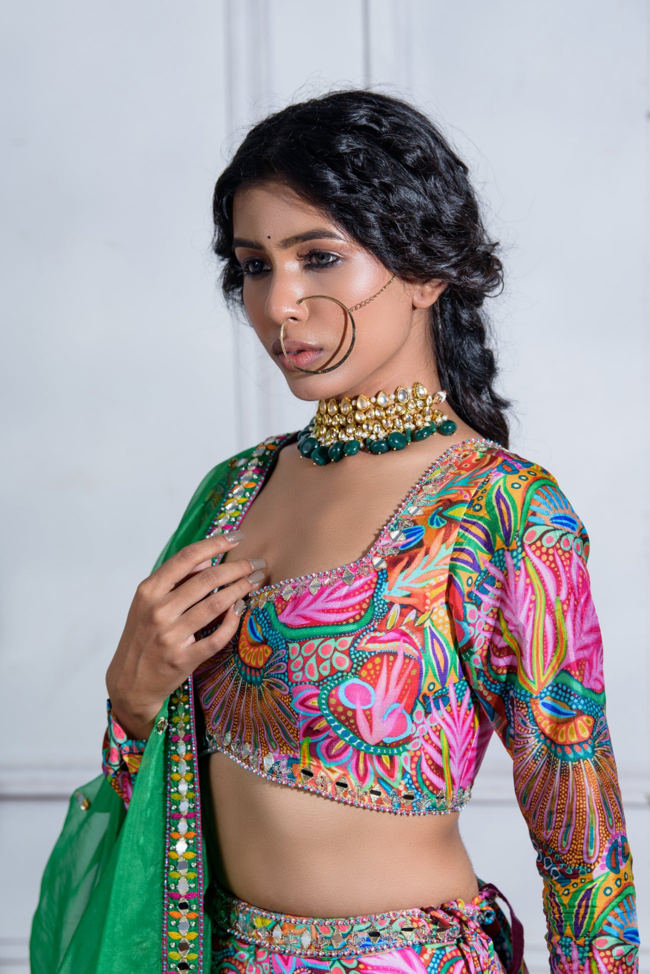 Kali Pocket Lehenga with full sleeve blouse and Contrast Dupatta