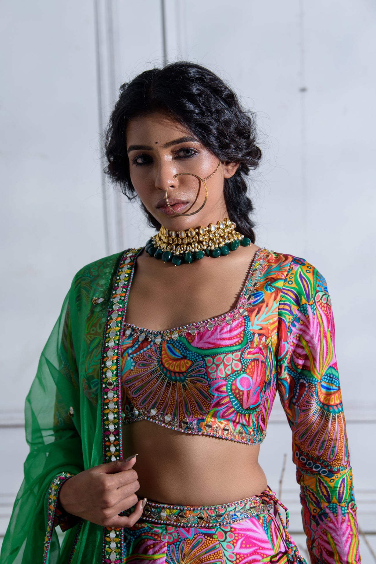 Kali Pocket Lehenga with full sleeve blouse and Contrast Dupatta