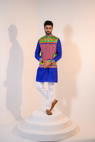 Blue kurta with embroidered cuff paired with our veronica bundi and pants