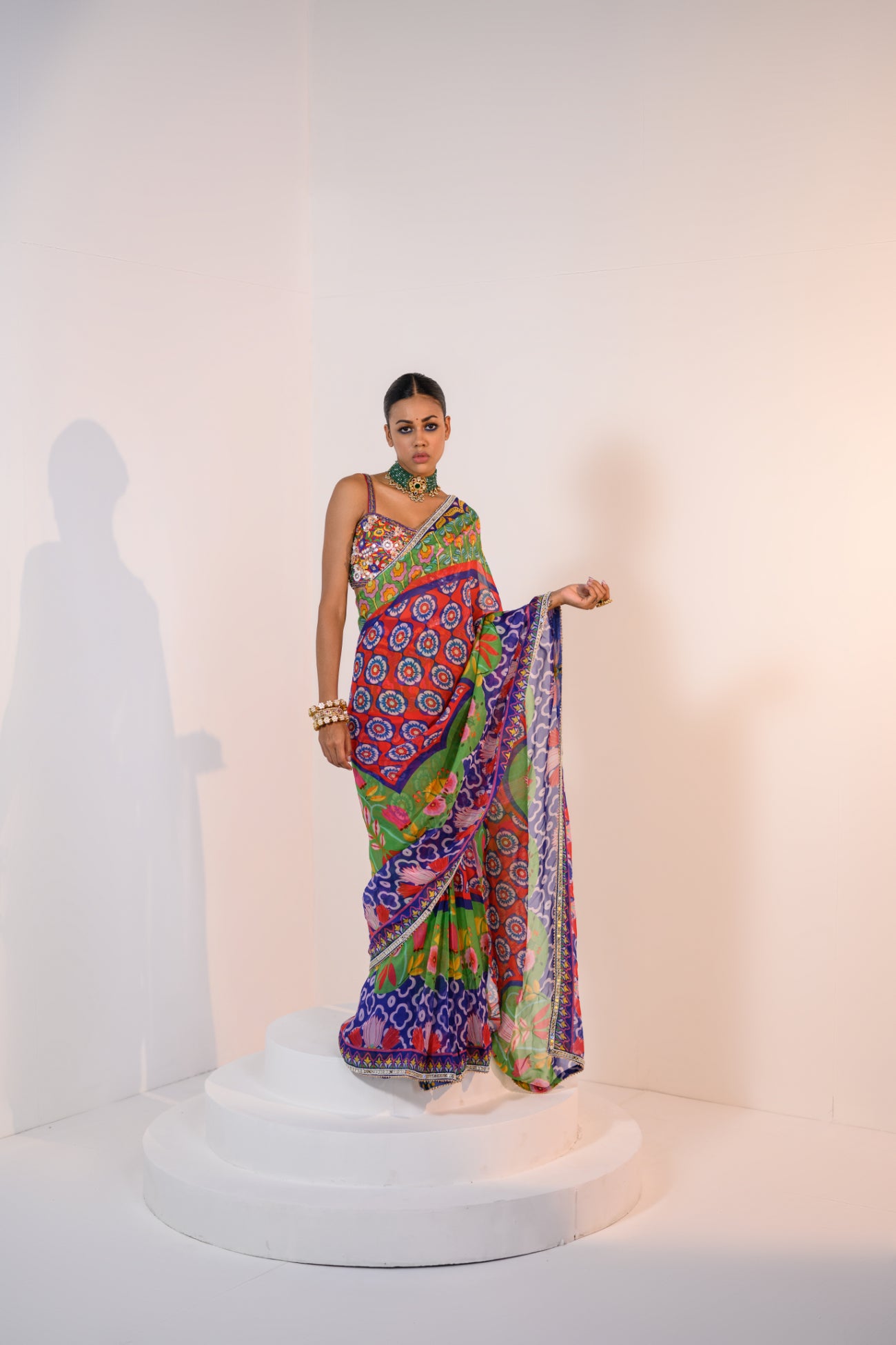 Our pre pleated veronica saree with hand embroidered corset blouse