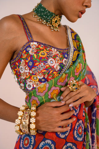 Our pre pleated veronica saree with hand embroidered corset blouse