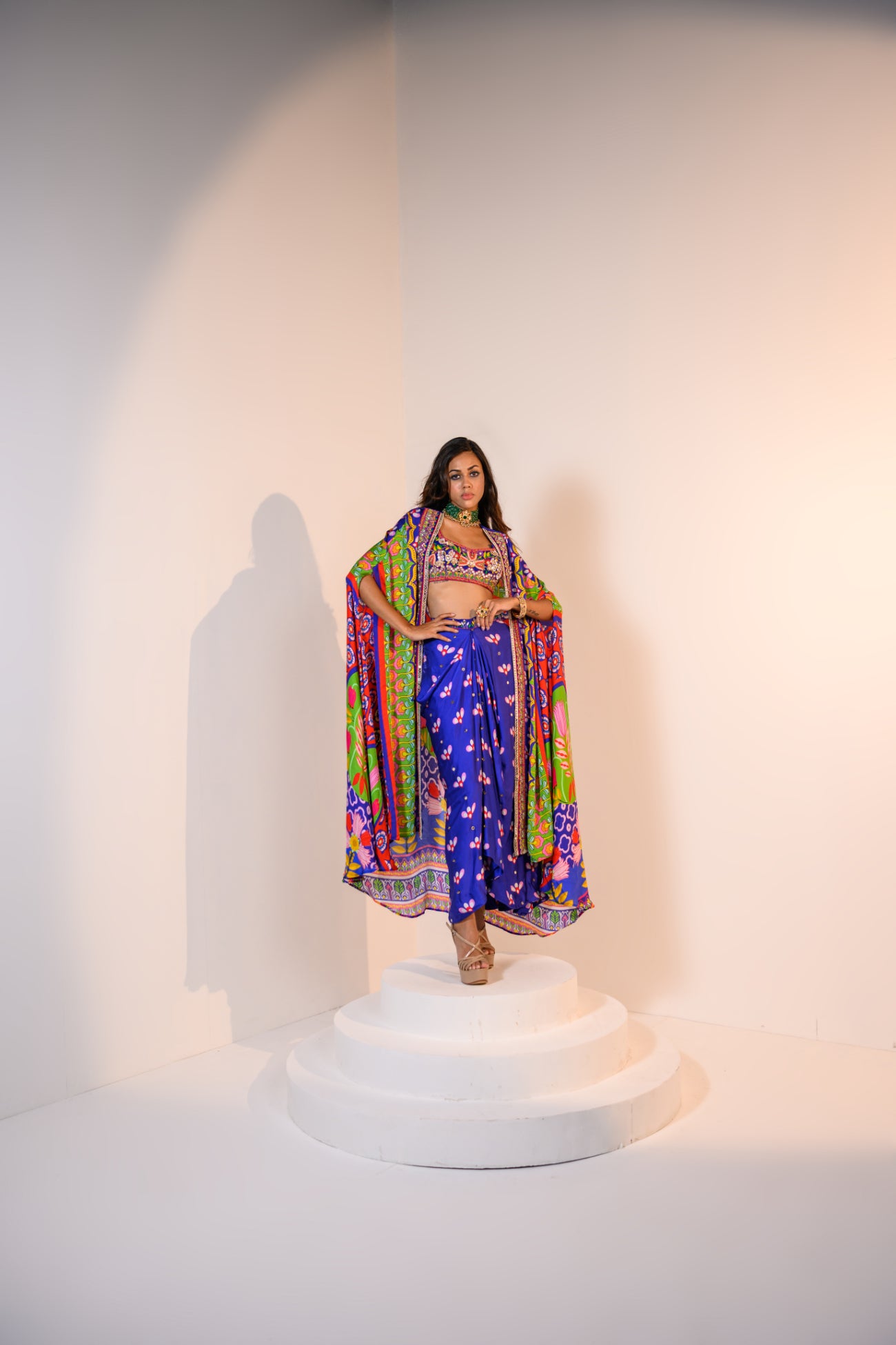 Our Mirror Embelished Indica Dhoti Skirt Paired With Hand Embriodered Bralette & Veronica Cape With Embelished Border