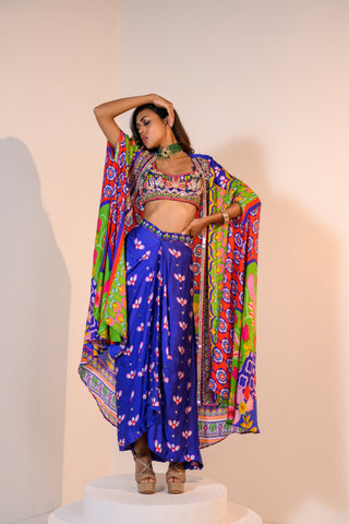 Our Mirror Embelished Indica Dhoti Skirt Paired With Hand Embriodered Bralette & Veronica Cape With Embelished Border