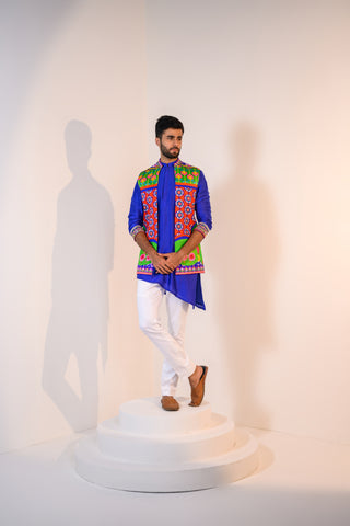 Our blue assymetrical kurta paired with veronica half jacket and pants